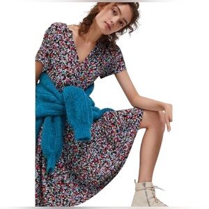 Maeve Anthropologie Harper Floral Tiered Tunic Dress Medium Short Sleeve V-Neck